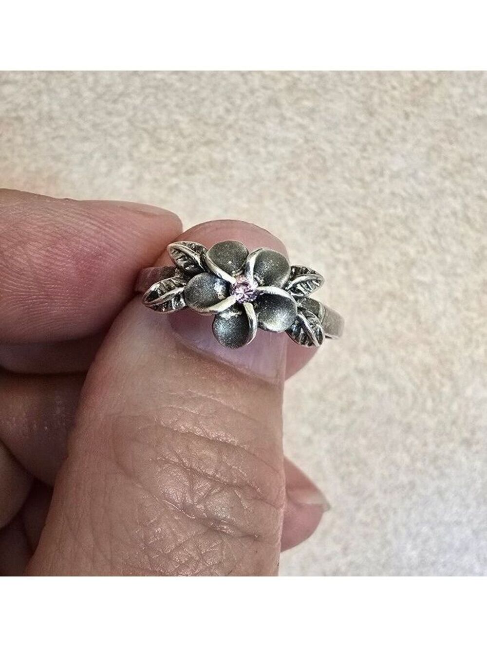 Sterling Silver 925 Plumeria Flower Ring Pink Stone Floral Leaf Size 9.5